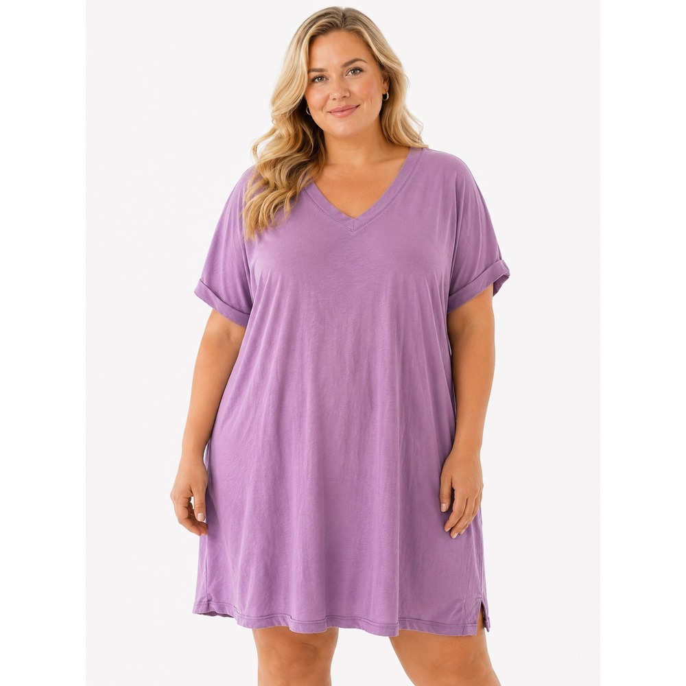 Terra & Sky Womens 2X Purple V-Neck Cuffed Sleeve T-Shirt Dress with Pockets